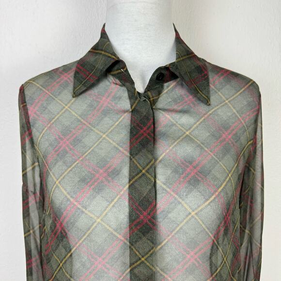 Worth New York | NWT Green Tartan Plaid 100% Silk Long Sleeve Button Down Blouse - Picture 4 of 14